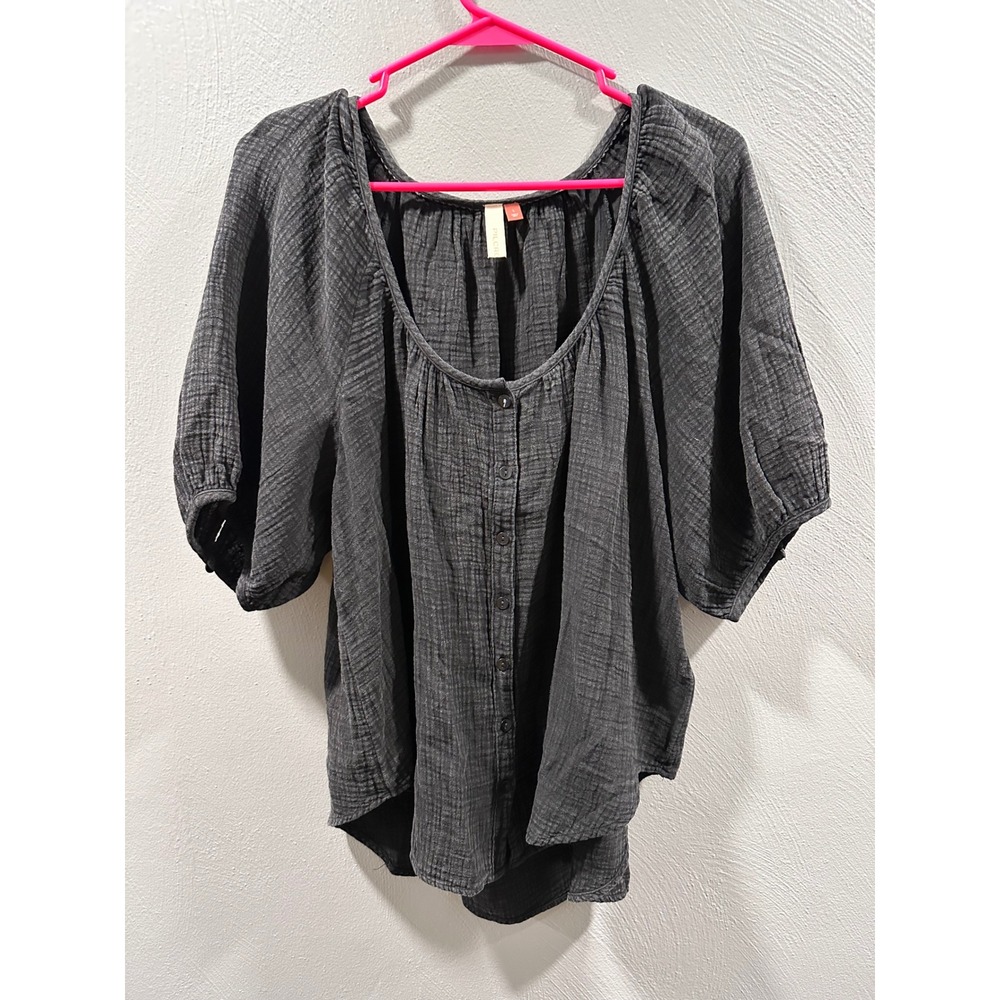 Pilcro Anthropologie Grey Textured Gauze Button Front Puff Sleeve Blouse Large